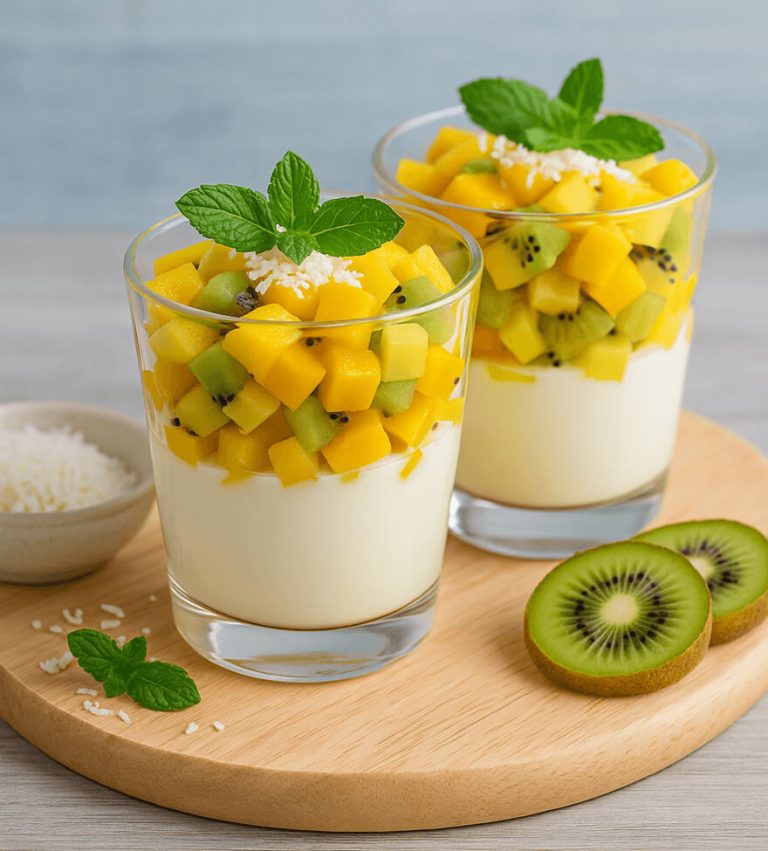 Vasitos de Frutas Tropicales con Yogur y Coco